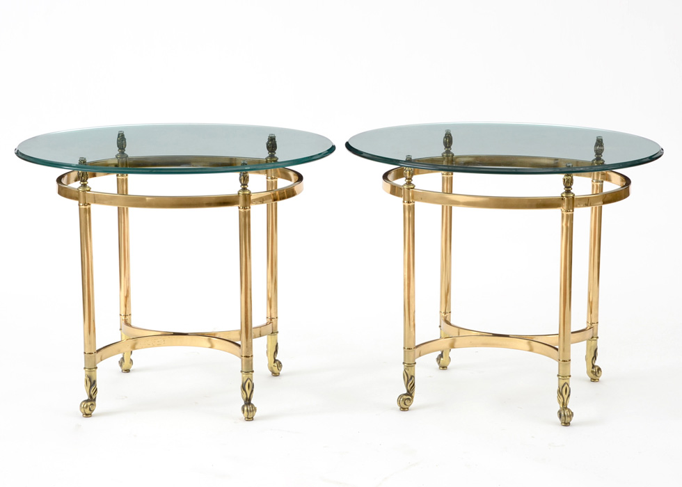 Pair Brass Oval End Tables with Beveled Glass Tops