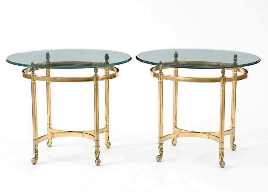 Pair Brass Oval End Tables with Beveled Glass Tops