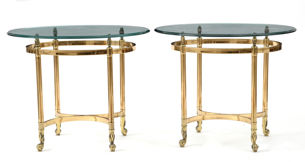 Pair Brass Oval End Tables with Beveled Glass Tops