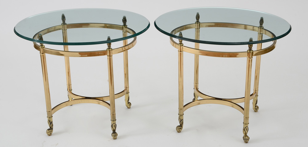 Pair Brass Oval End Tables with Beveled Glass Tops