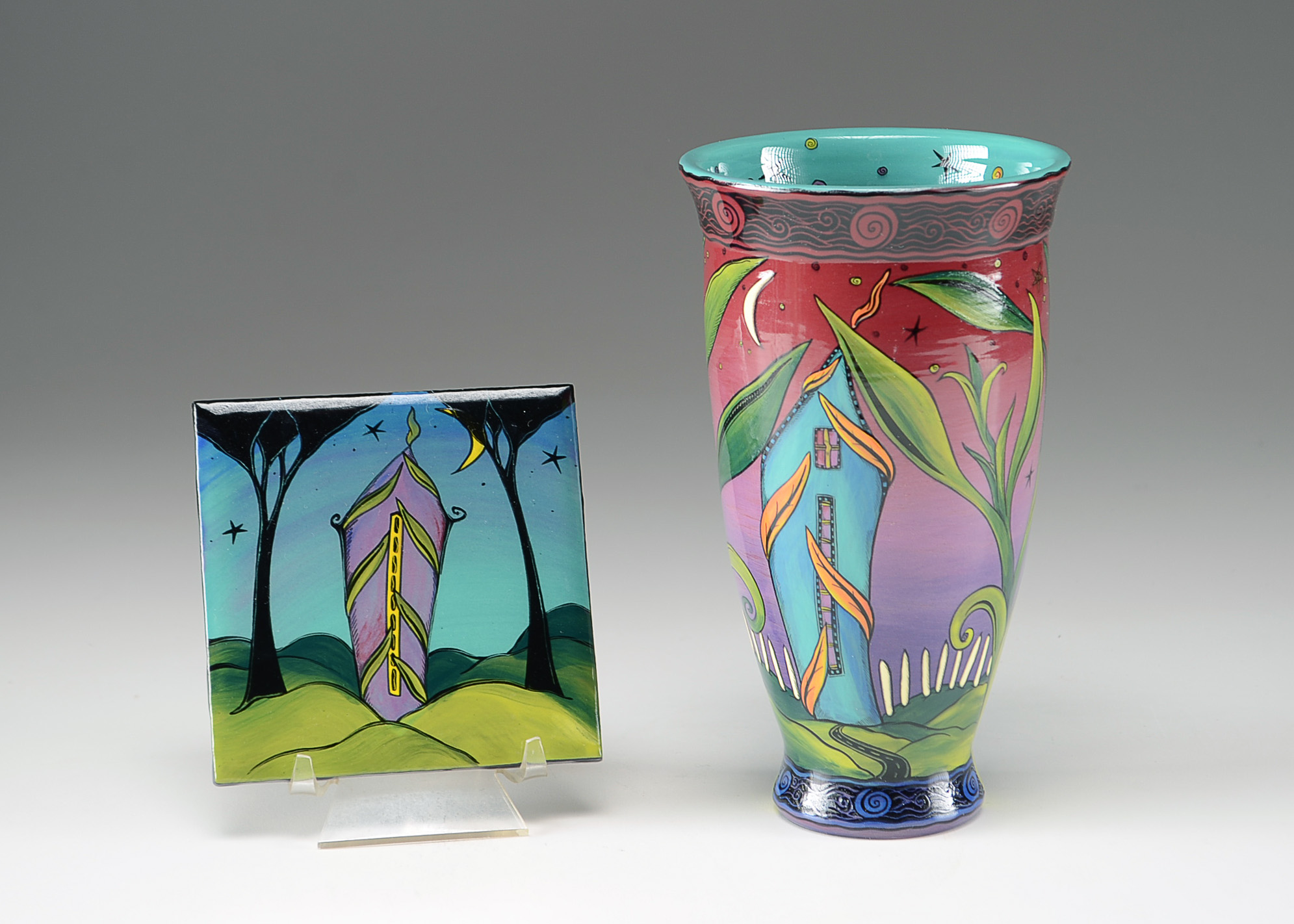 Signed Terri Kern Ceramic Vase and Tile