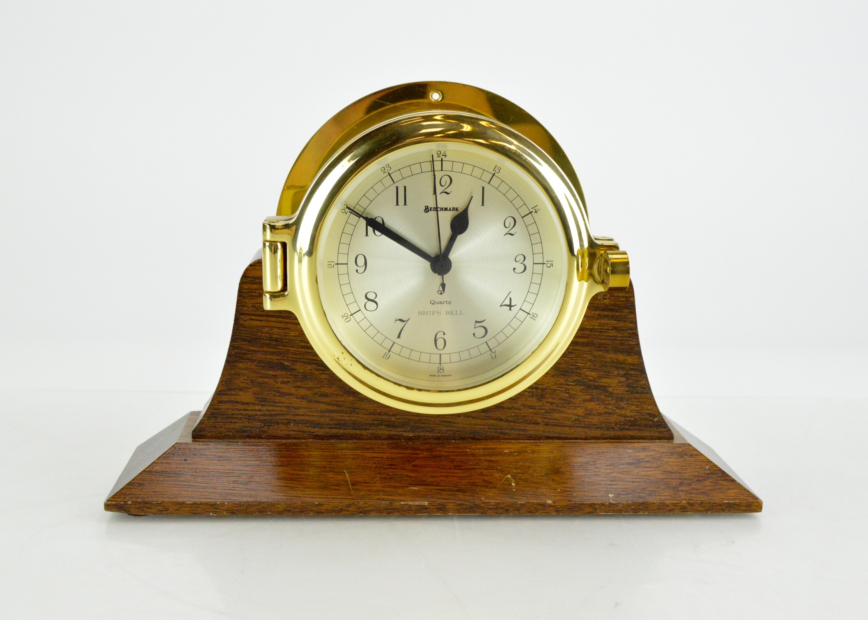 Benchmark Ships Bell Brass Clock Made in Germany with Wood Stand