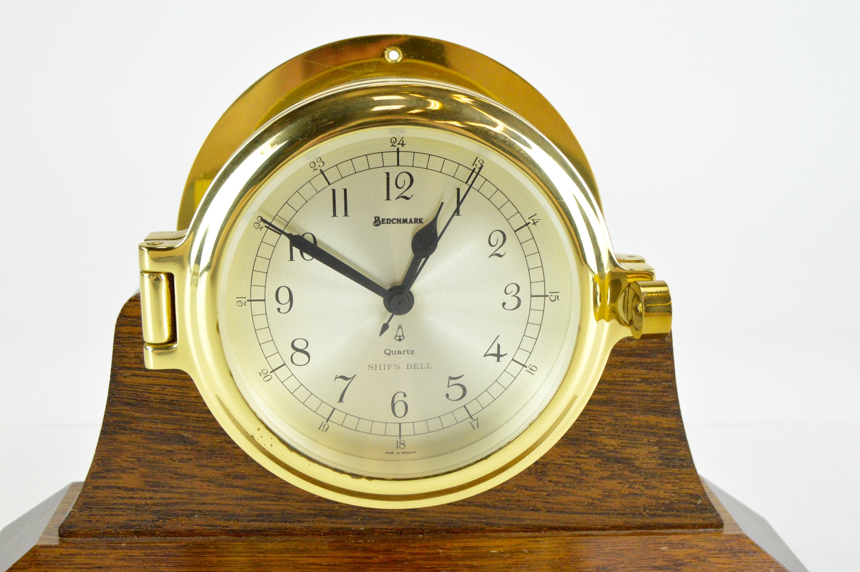 Benchmark Ships Bell Brass Clock Made in Germany with Wood Stand