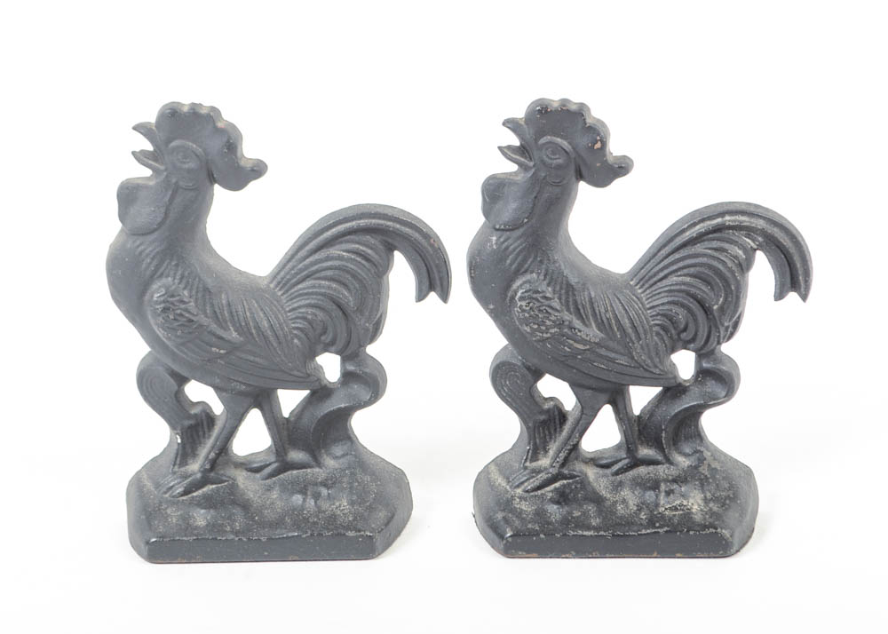 Pair of Vintage Cast Iron Rooster Bookends
