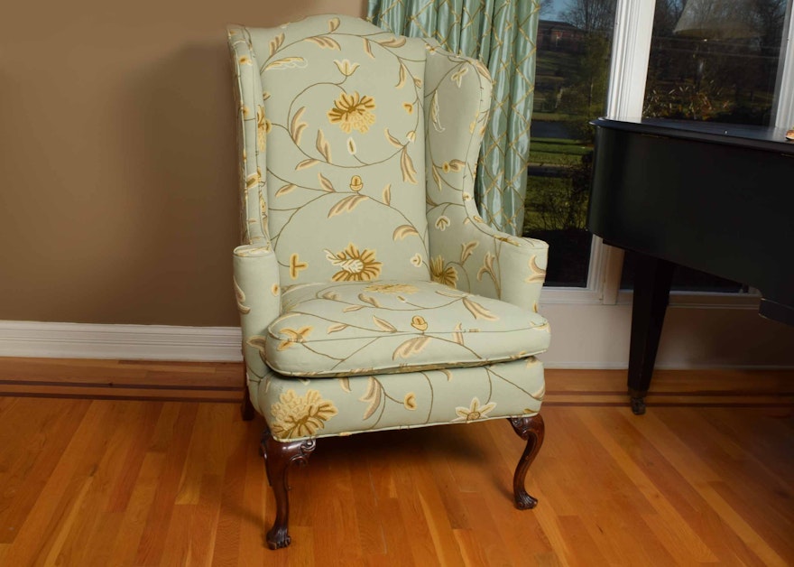 Green Crewel Upholstered Queen Anne Style Wing Back Chair