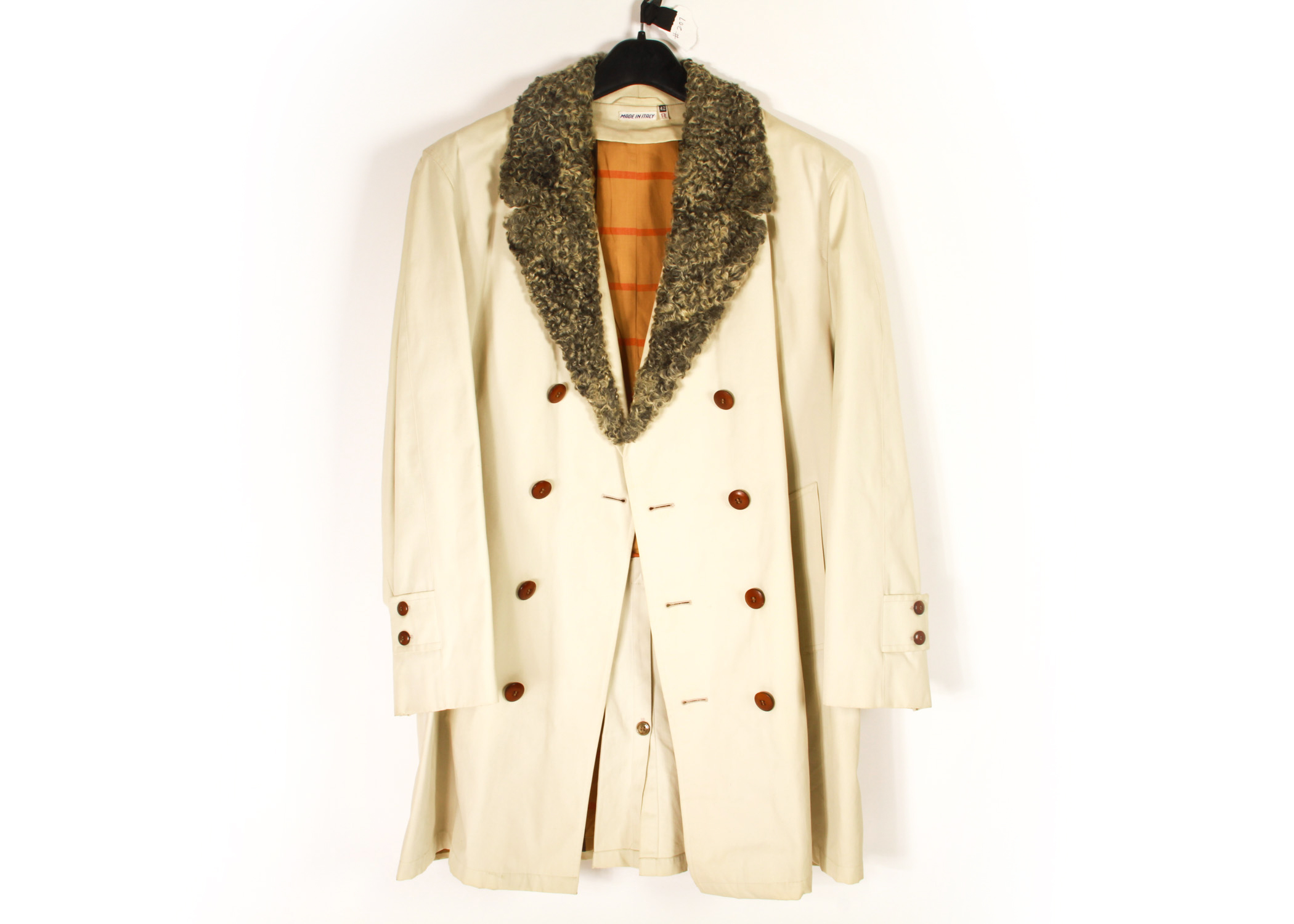 Italian Made Men's Khaki Trench Coat with Grey Wool Lapels