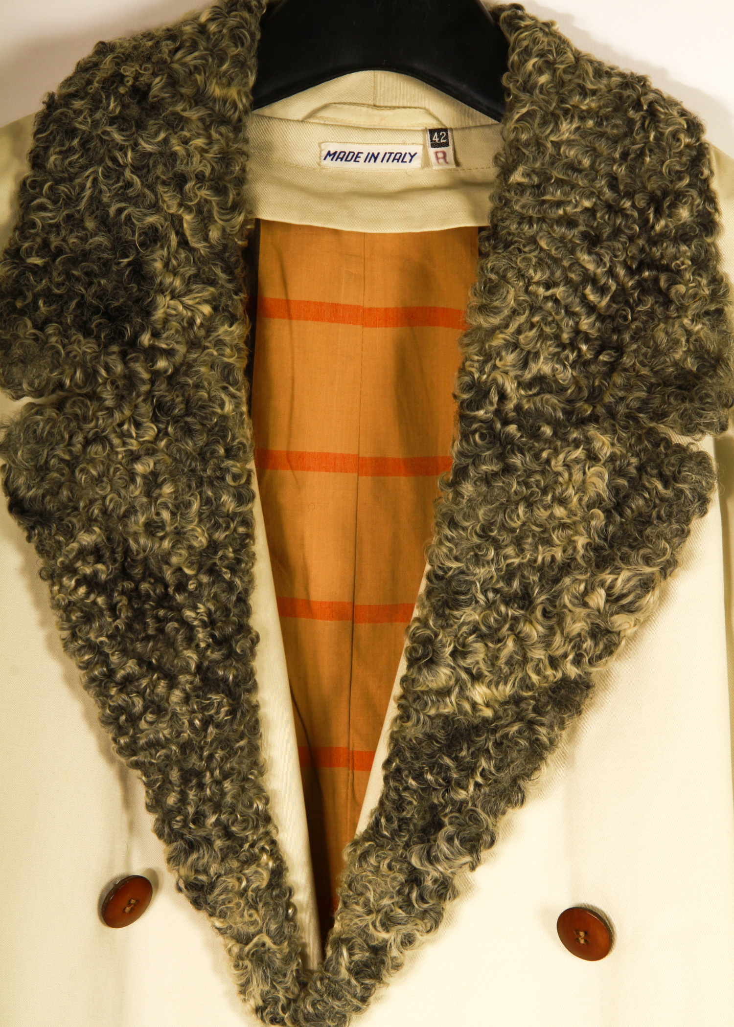 Italian Made Men's Khaki Trench Coat with Grey Wool Lapels