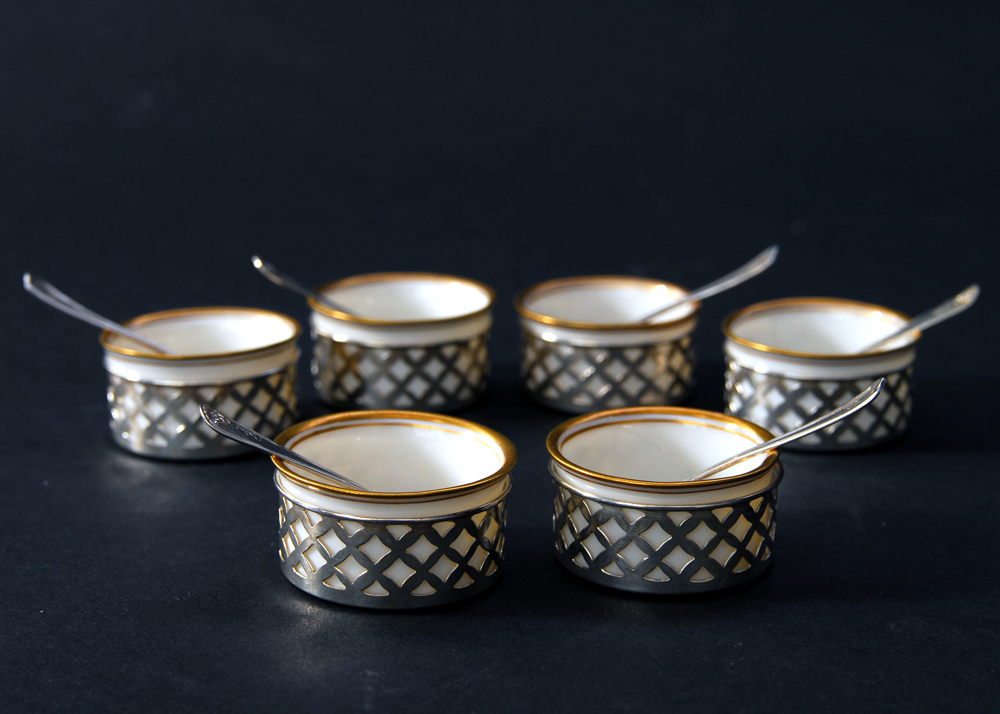 Set of Six Lenox Salt Dishes in Sterling Silver Holders