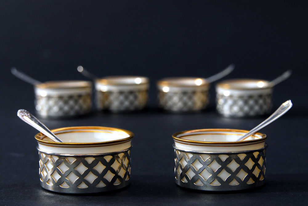 Set of Six Lenox Salt Dishes in Sterling Silver Holders