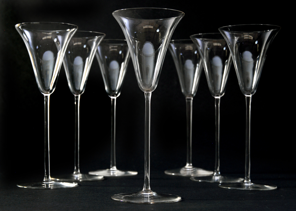 Set of Seven Pre-War R. Lalique Hand Blown Wine Glasses