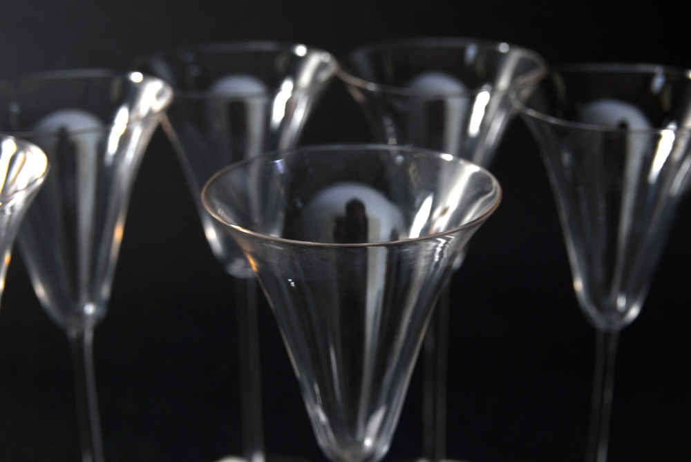 Set of Seven Pre-War R. Lalique Hand Blown Wine Glasses