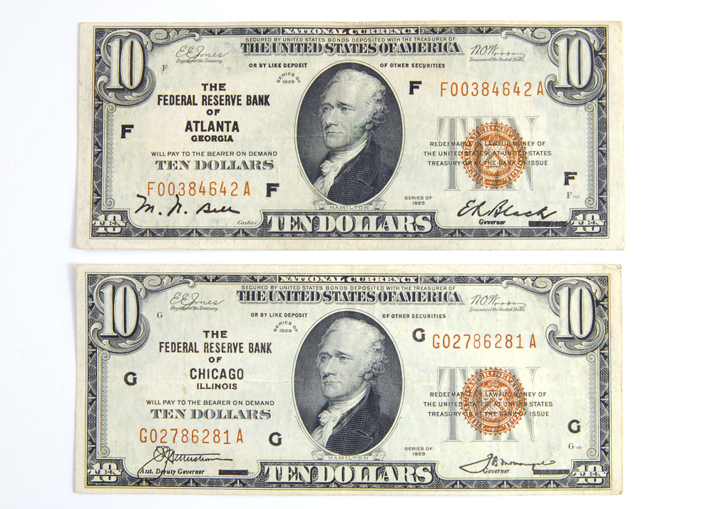 Pair of 1929 Ten Dollar Bank Notes