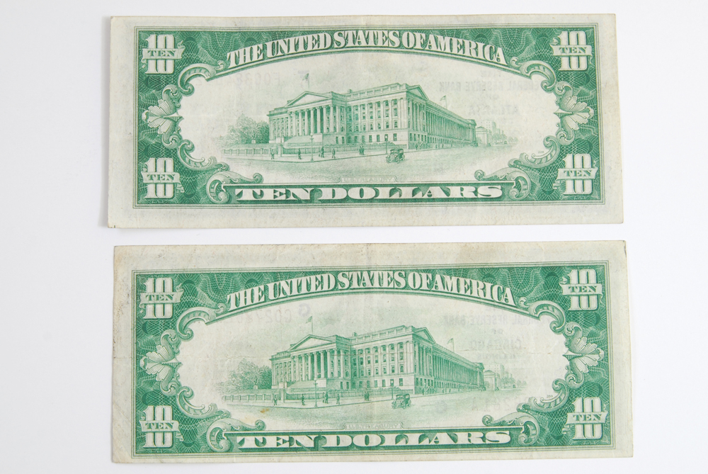Pair of 1929 Ten Dollar Bank Notes