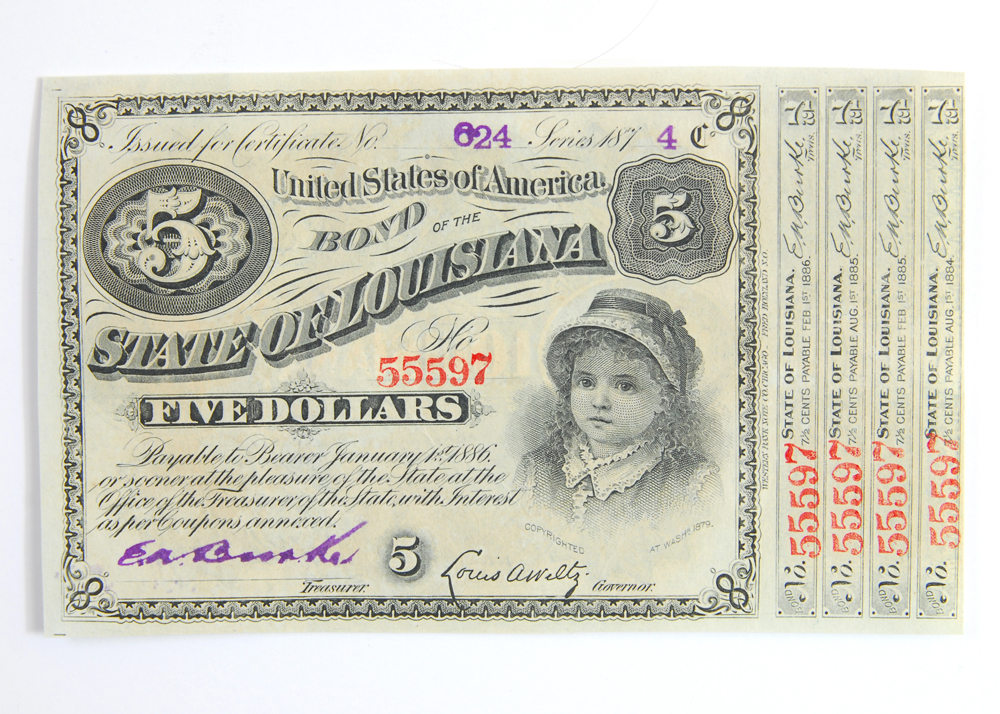 1874 Louisina Five Dollar Bond Bill