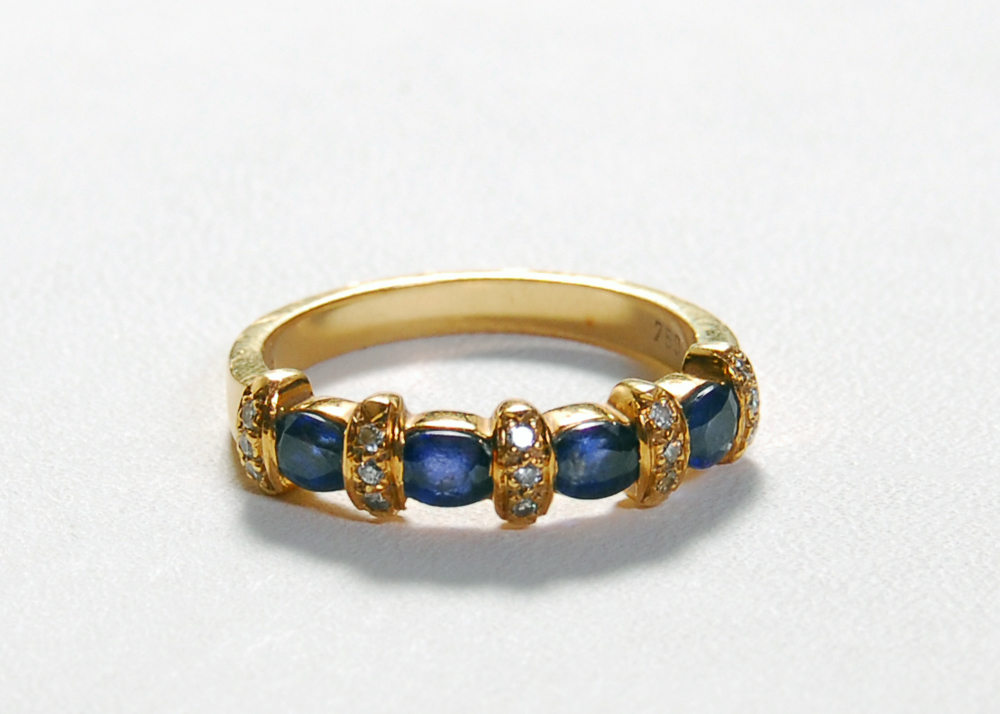 Four Sapphire and Diamond 18K Yellow Gold Ring