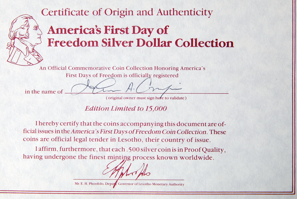 Partial Set of "America's First Day of Freedom" Silver Dollars