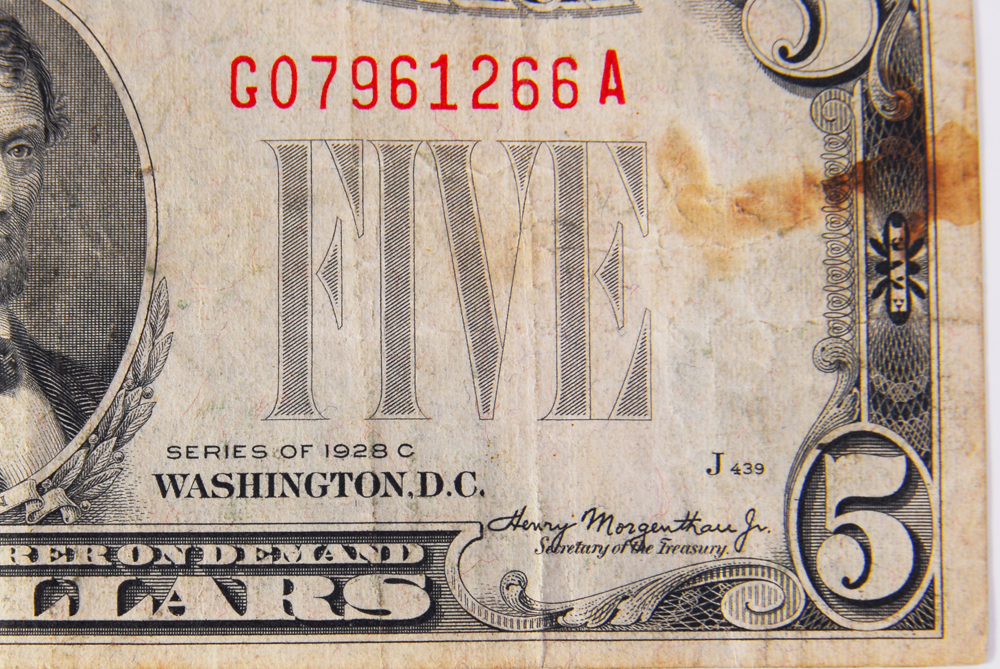 Red Seal 1928C Five Dollar Note