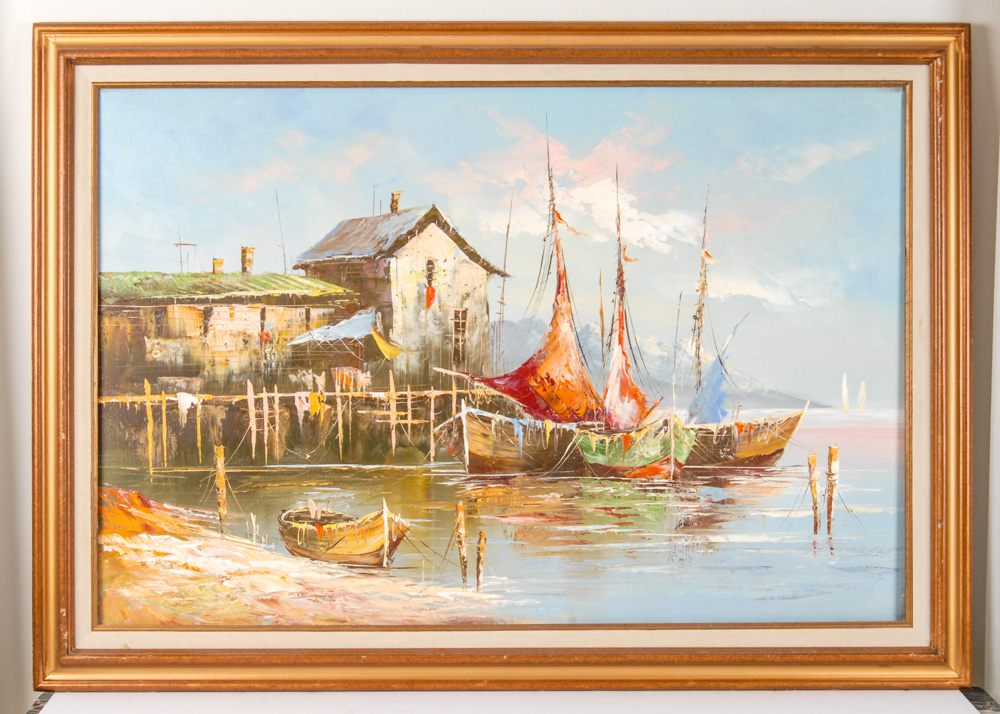 Original Harbor Scene Oil Painting on Canvas