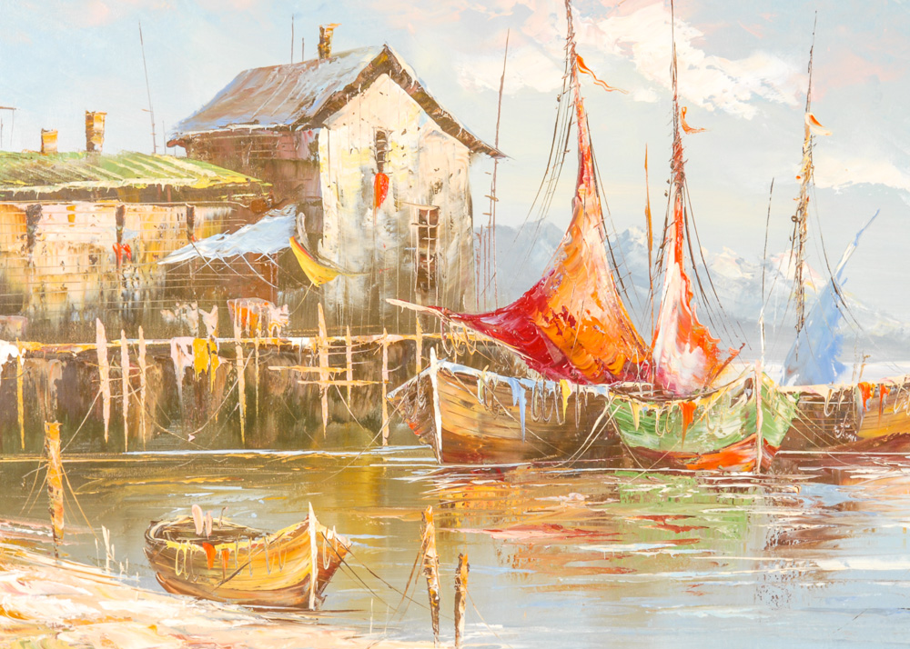 Original Harbor Scene Oil Painting on Canvas