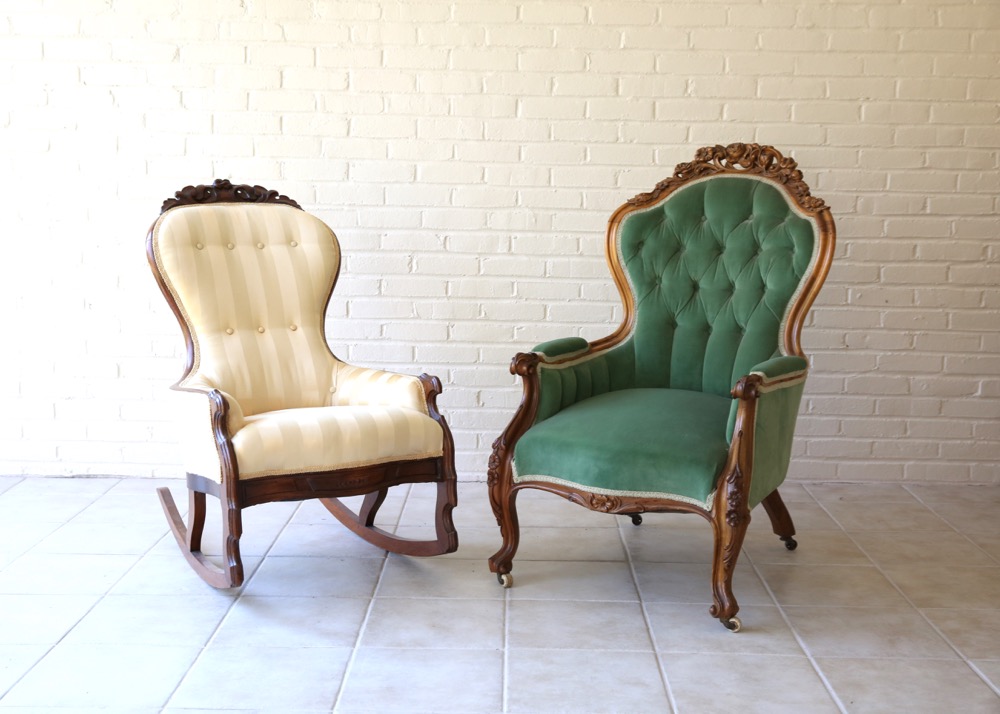 Antique Victorian Upholstered Armchair and Rocking Chair
