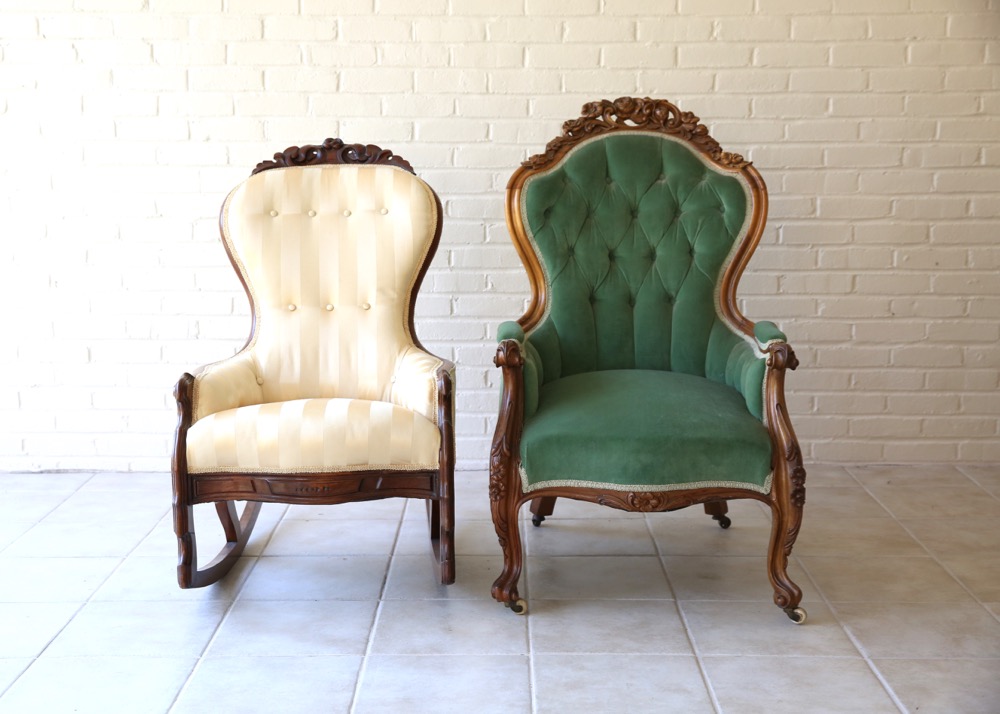 Antique Victorian Upholstered Armchair and Rocking Chair