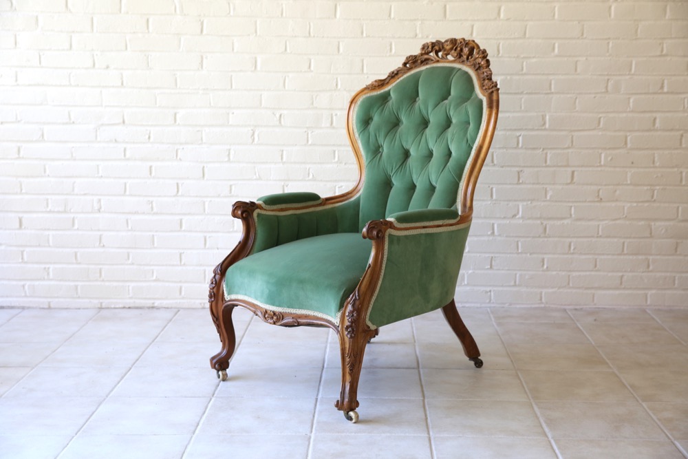 Antique Victorian Upholstered Armchair and Rocking Chair