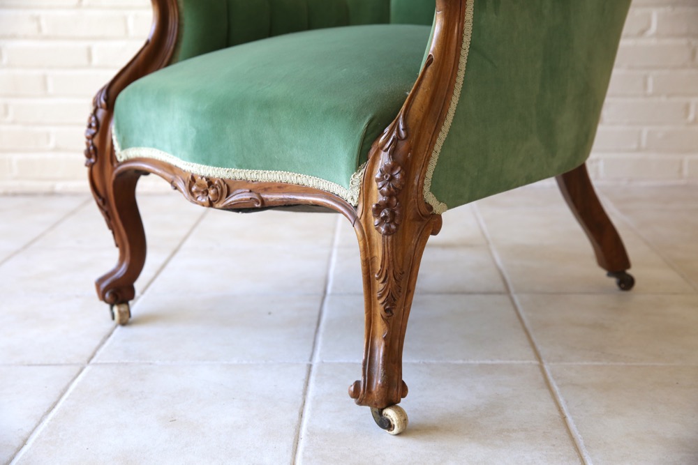 Antique Victorian Upholstered Armchair and Rocking Chair