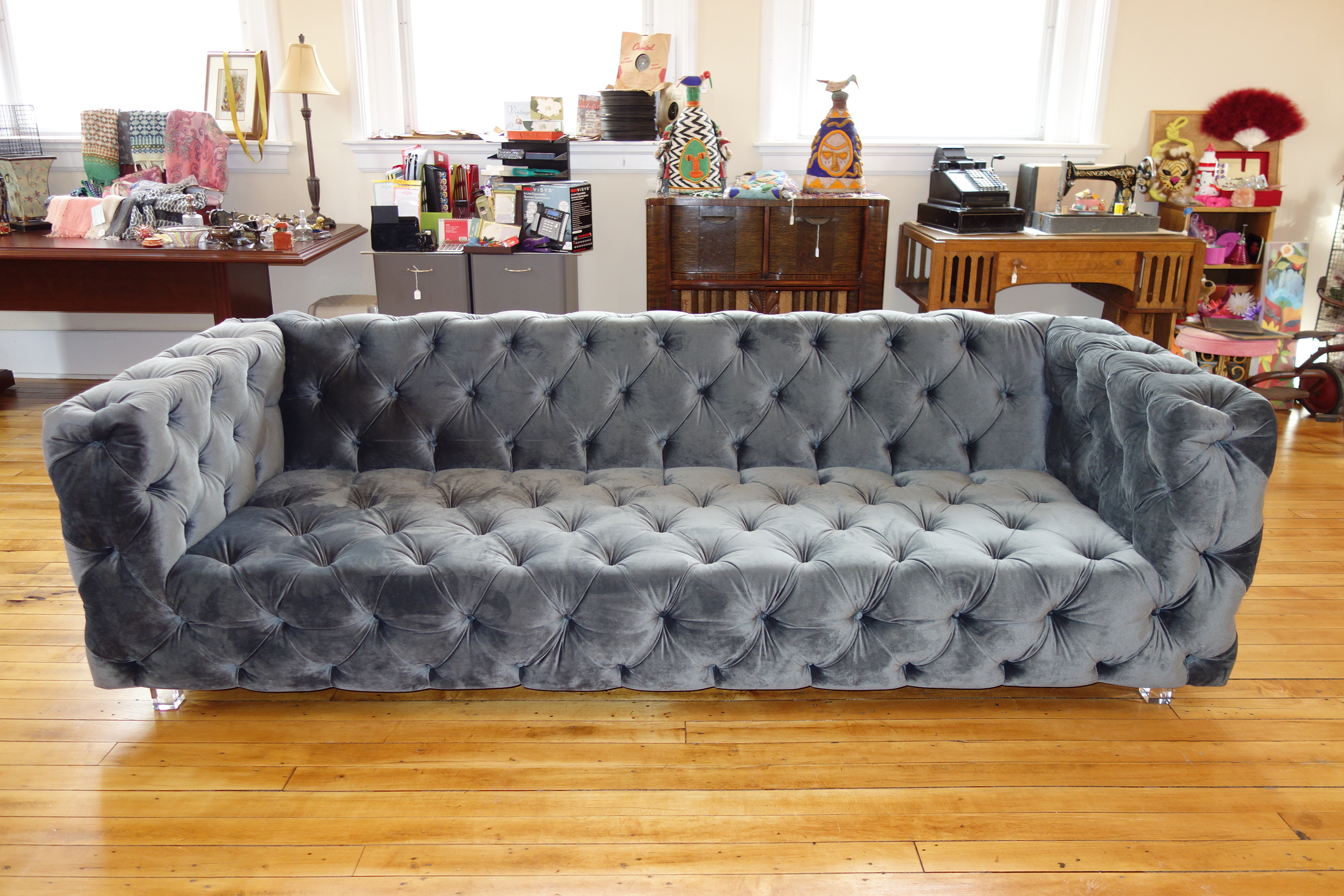 Modern Custom Made Gray Velvet Tufted Sofa