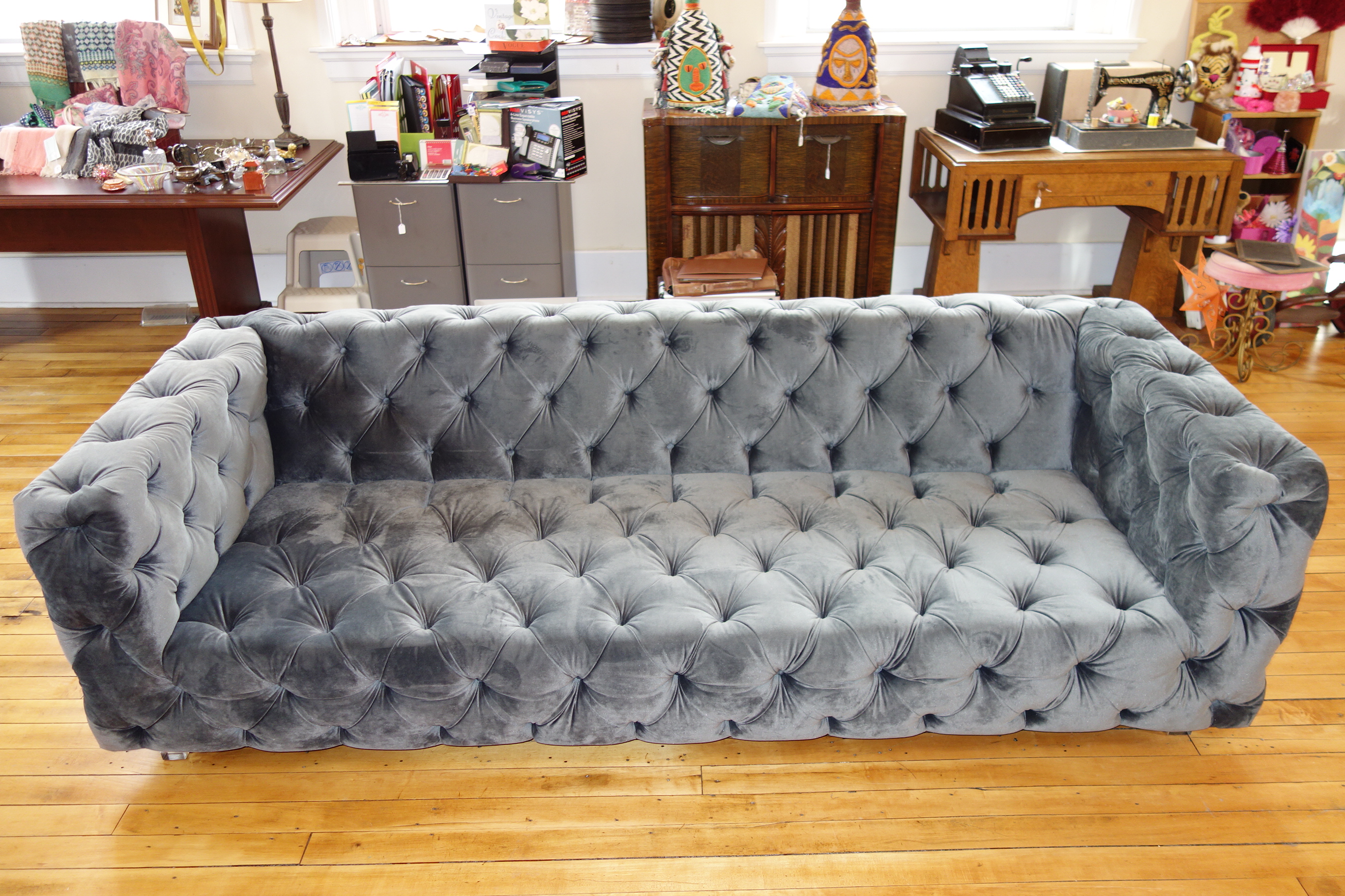Modern Custom Made Gray Velvet Tufted Sofa