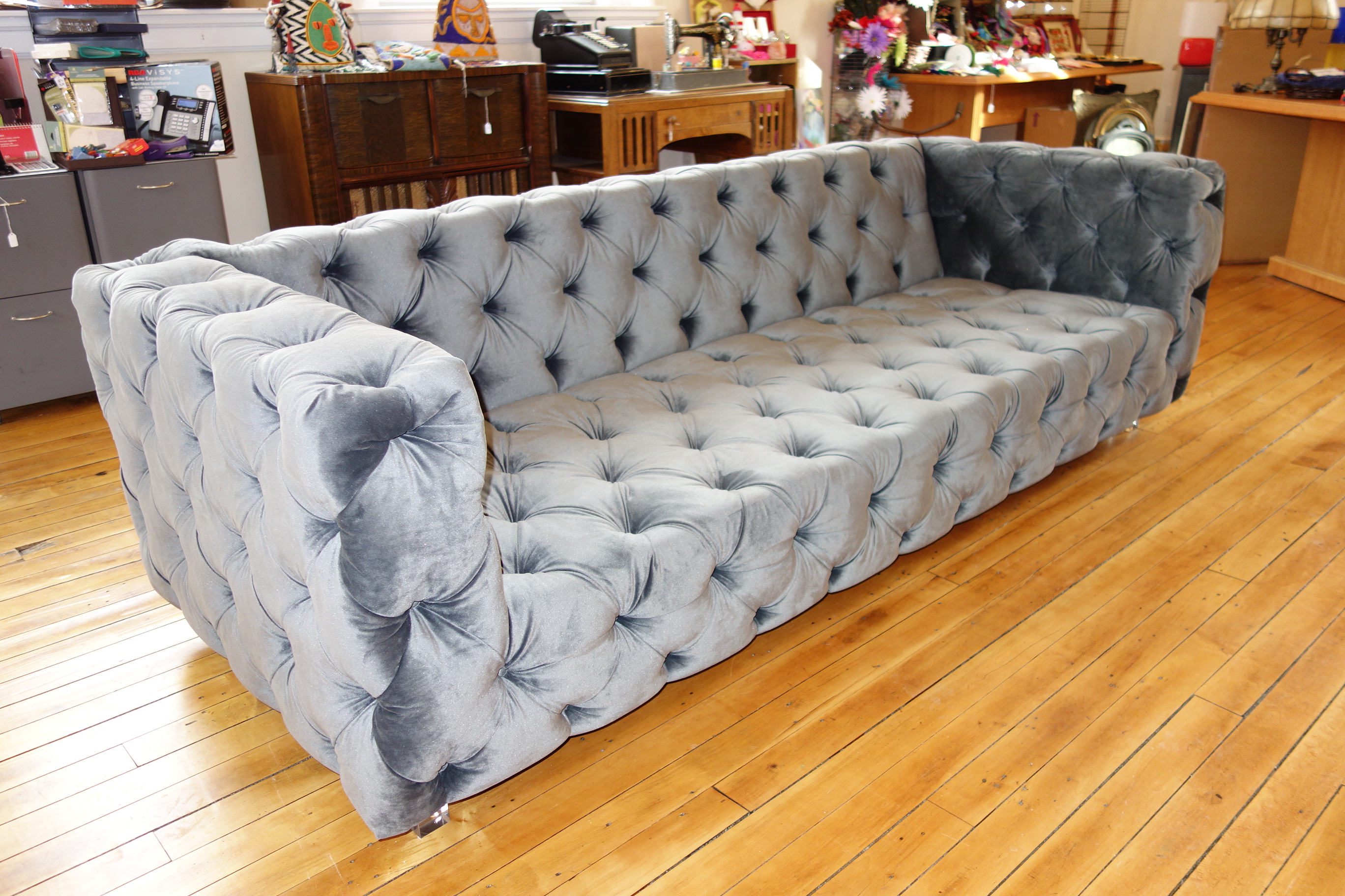 Modern Custom Made Gray Velvet Tufted Sofa