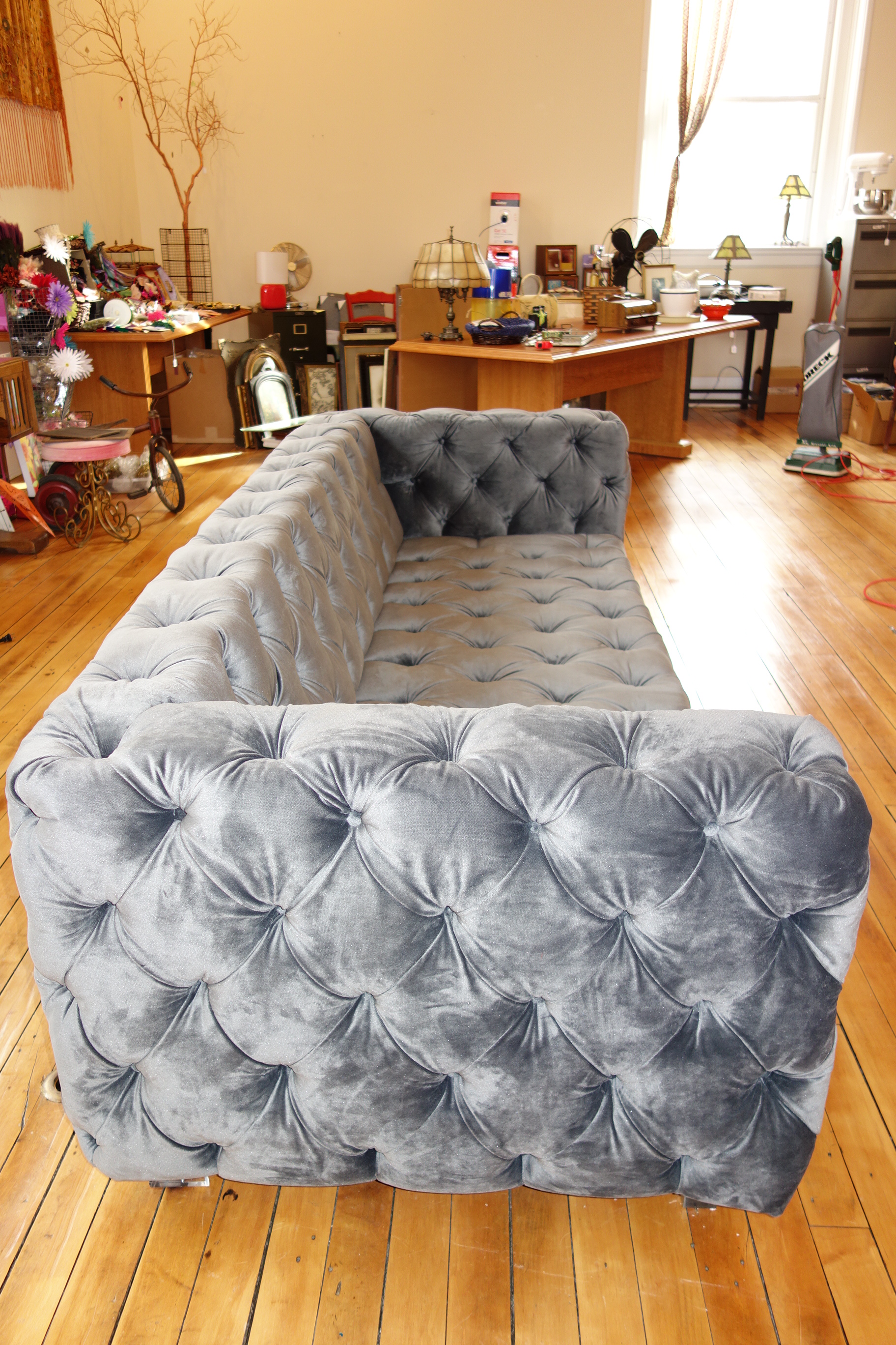 Modern Custom Made Gray Velvet Tufted Sofa