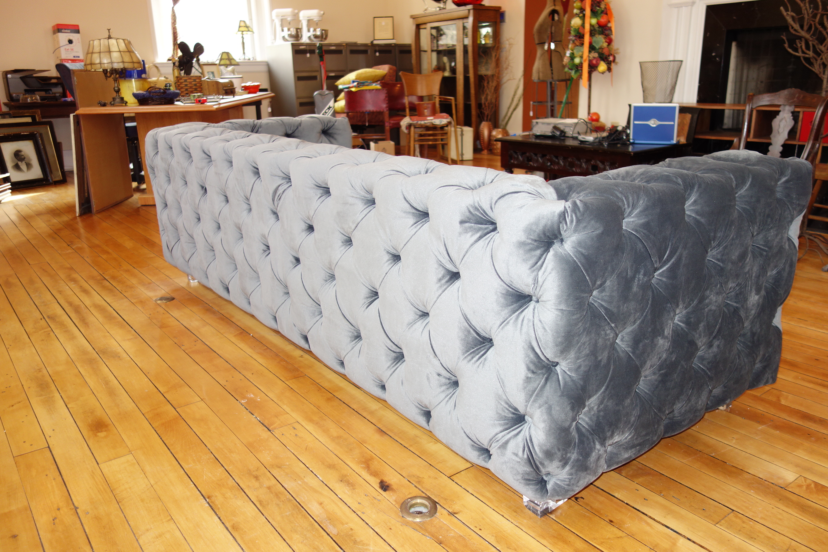 Modern Custom Made Gray Velvet Tufted Sofa
