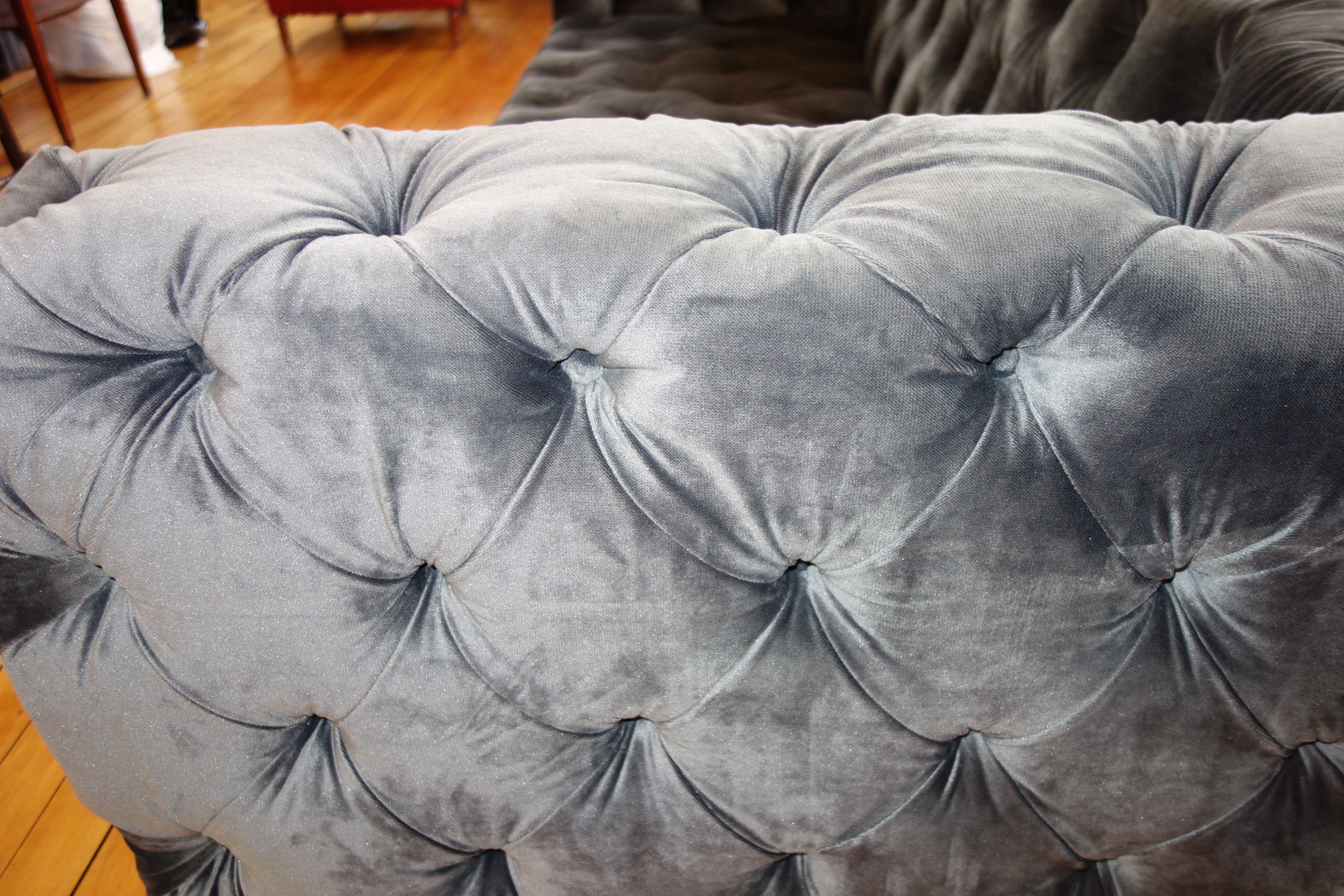 Modern Custom Made Gray Velvet Tufted Sofa