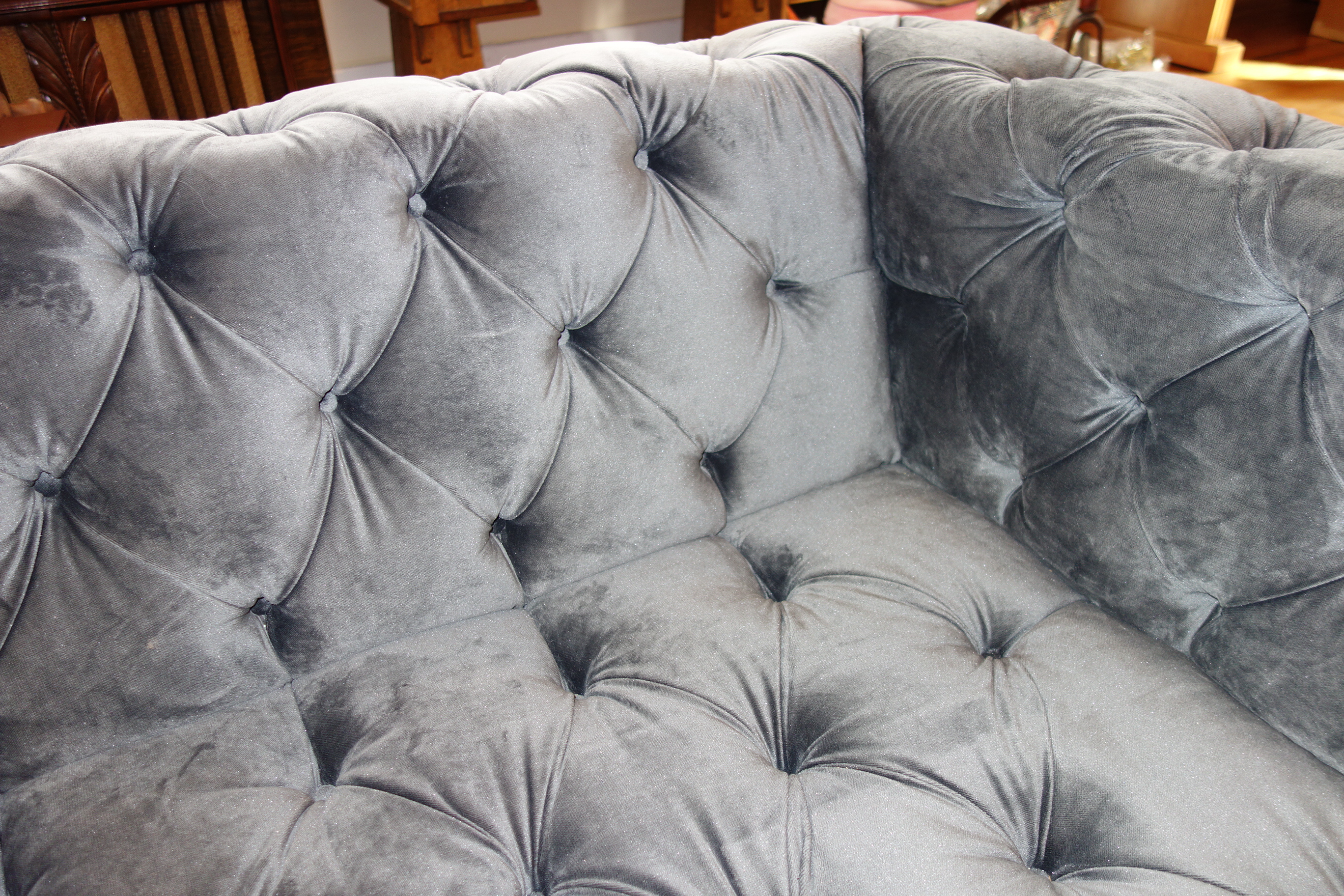 Modern Custom Made Gray Velvet Tufted Sofa
