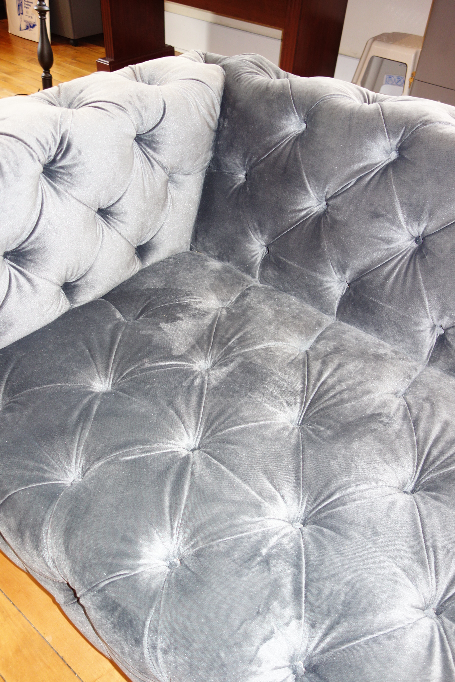 Modern Custom Made Gray Velvet Tufted Sofa
