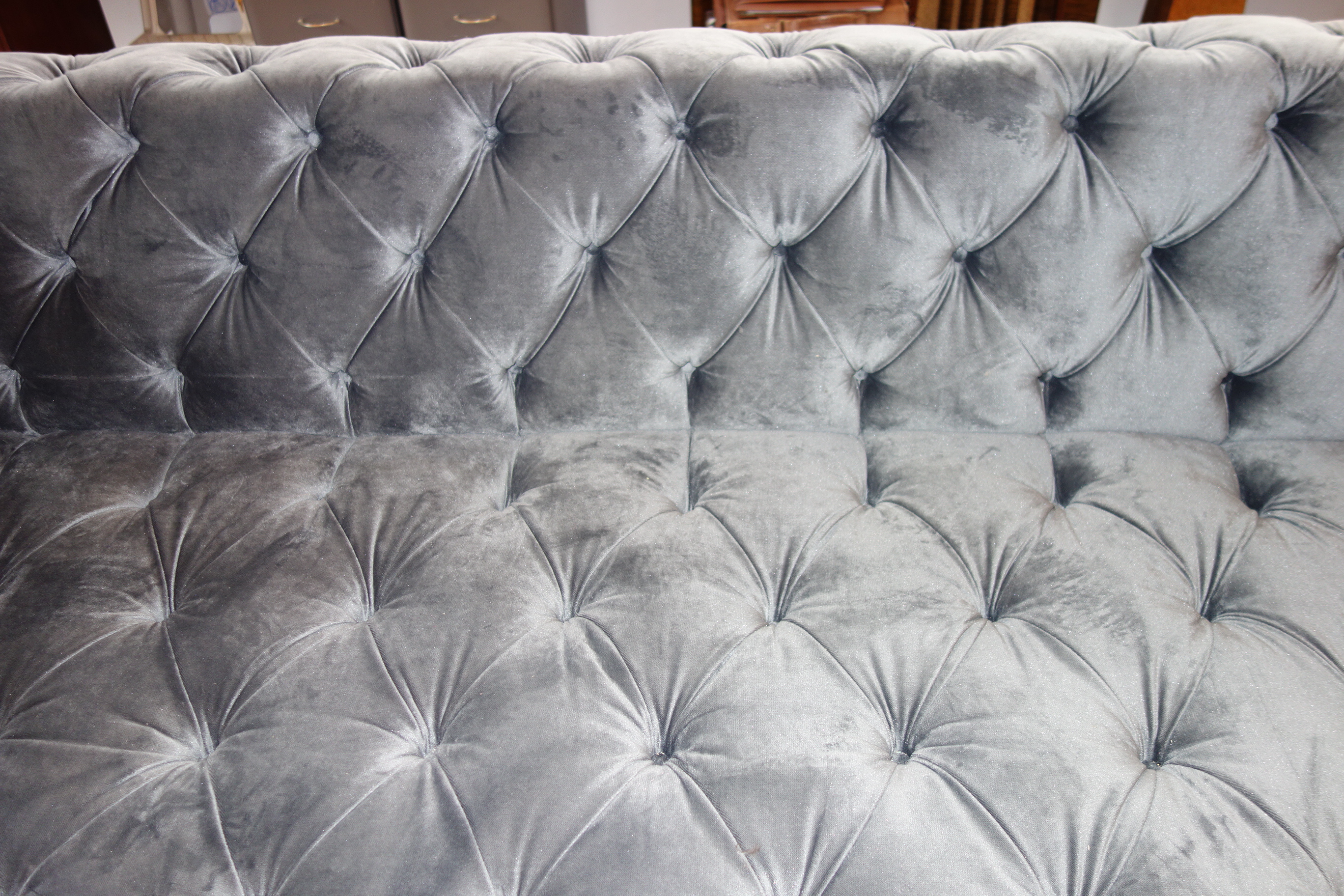 Modern Custom Made Gray Velvet Tufted Sofa