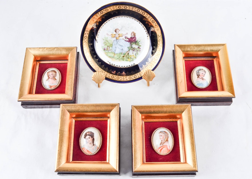 Limoges France Framed Series of Miniature Portraits with Small Dish