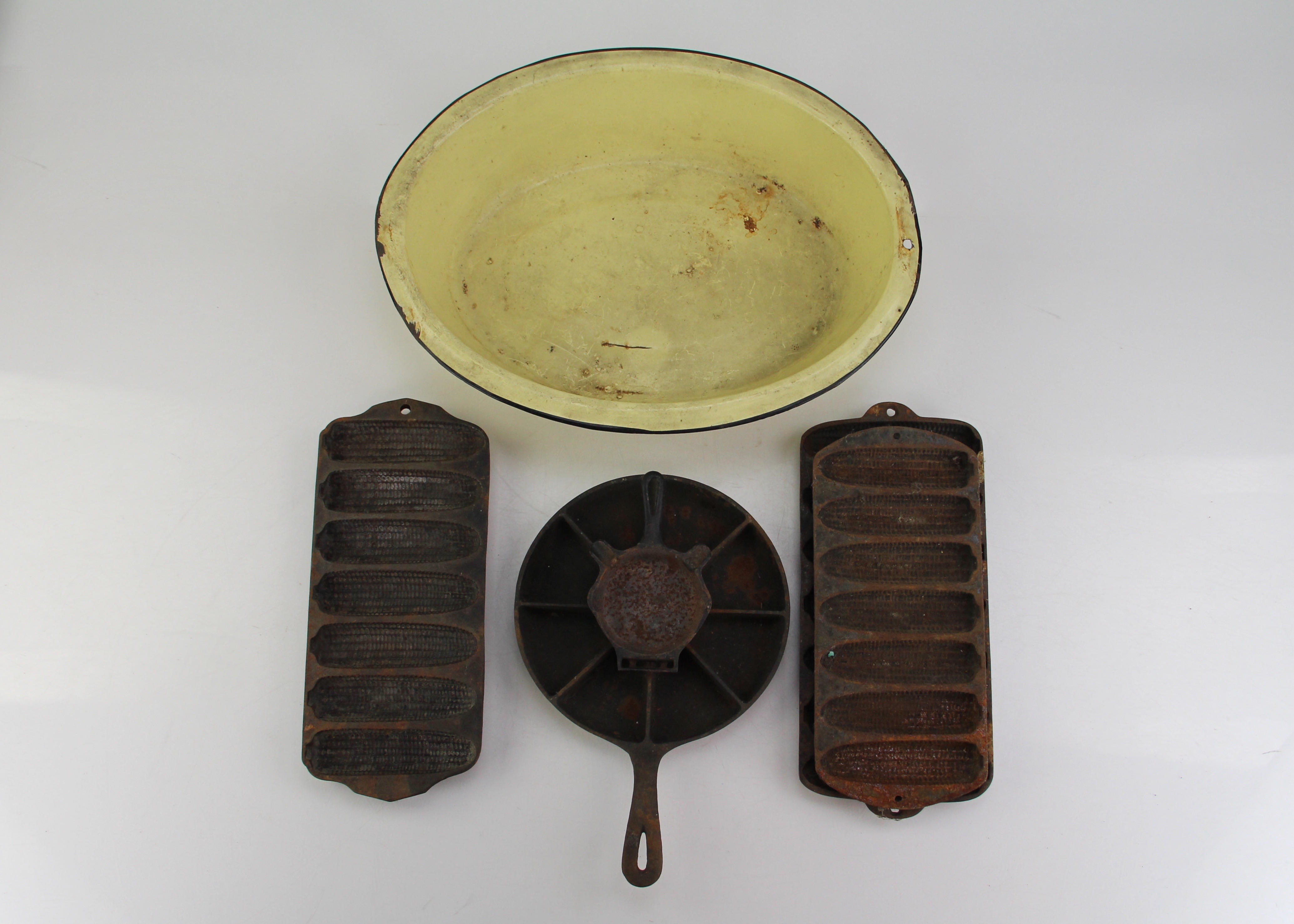 Enamel Pan with Cast Iron Cornbread Pans