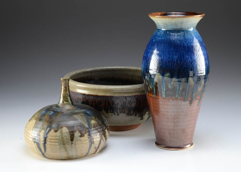 Trio of Vintage Art Pottery Drip Glaze Vases