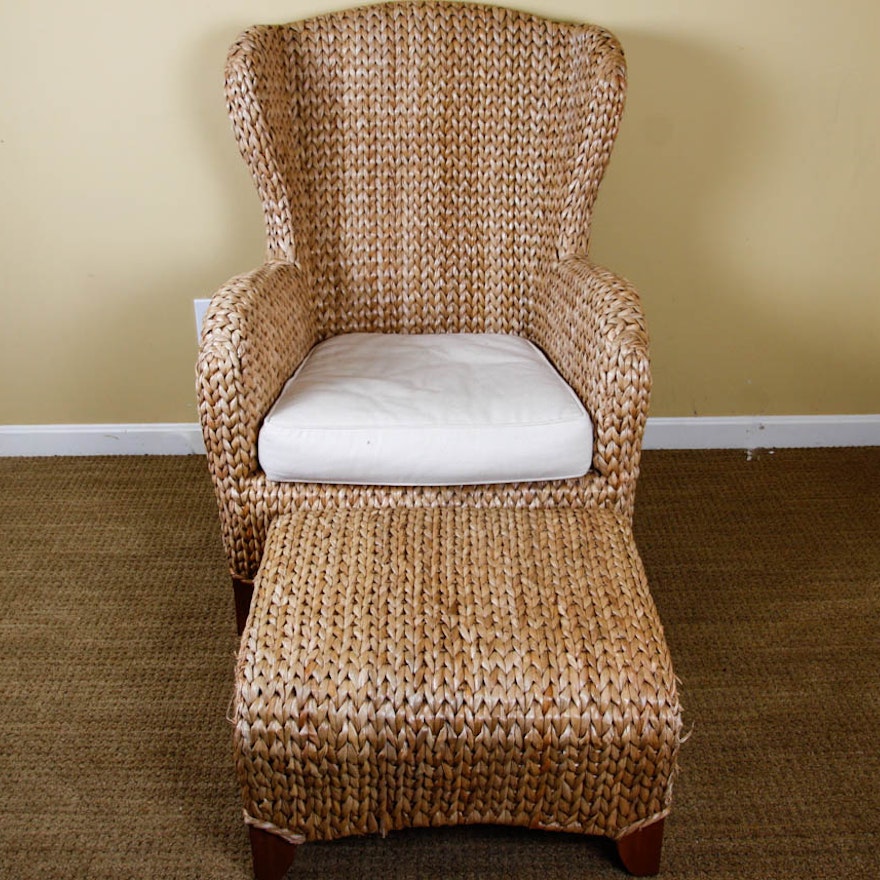 Pottery Barn Seagrass Wingback Armchair and Ottoman EBTH