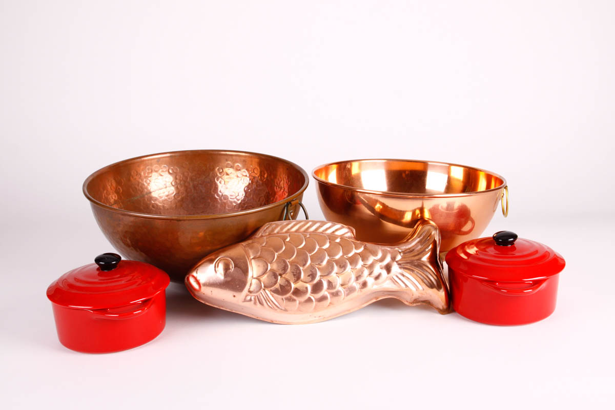 Collection of Copper Bowls and Kitchen Items