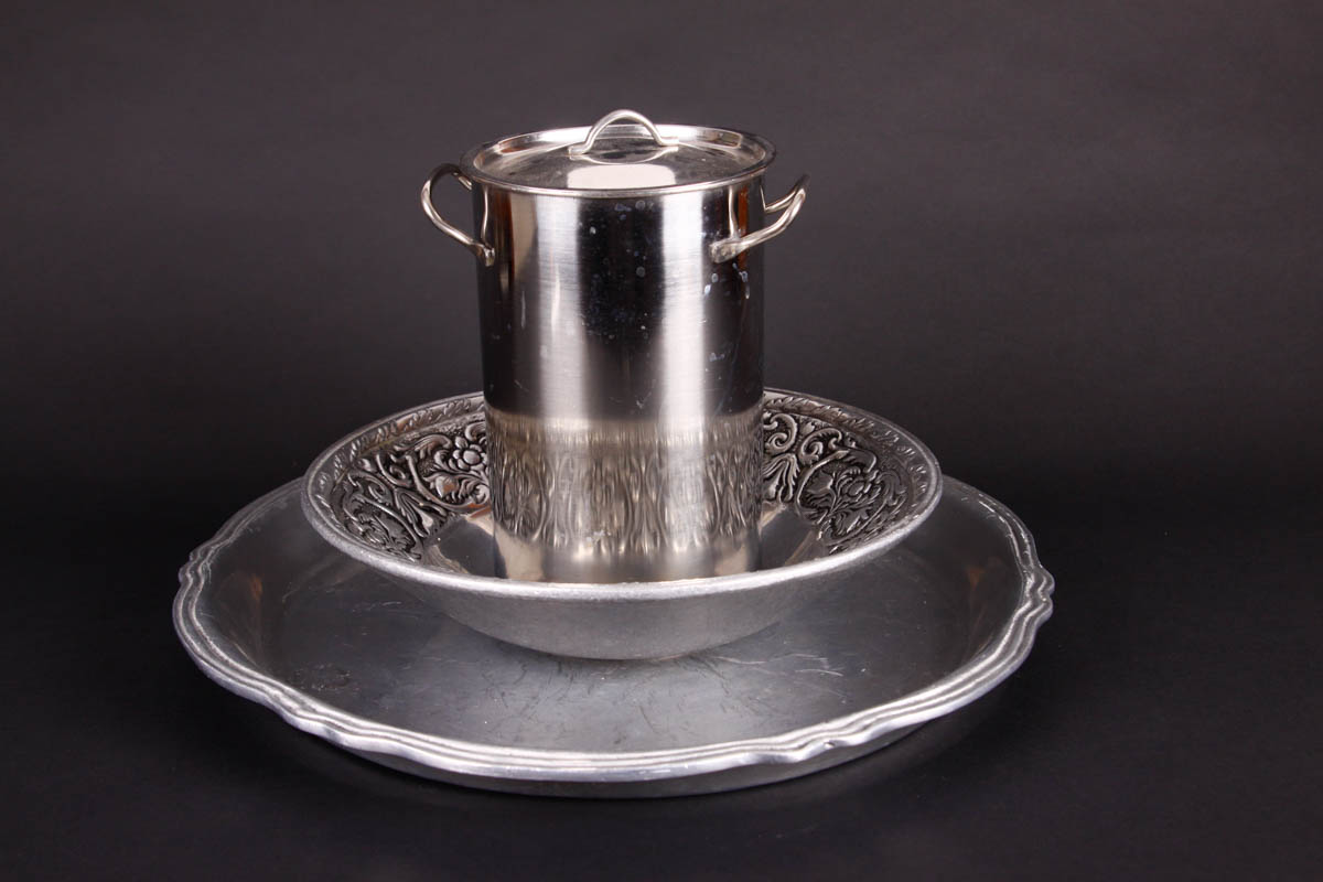 Pewter Platter, Bowl and Stainless Pot