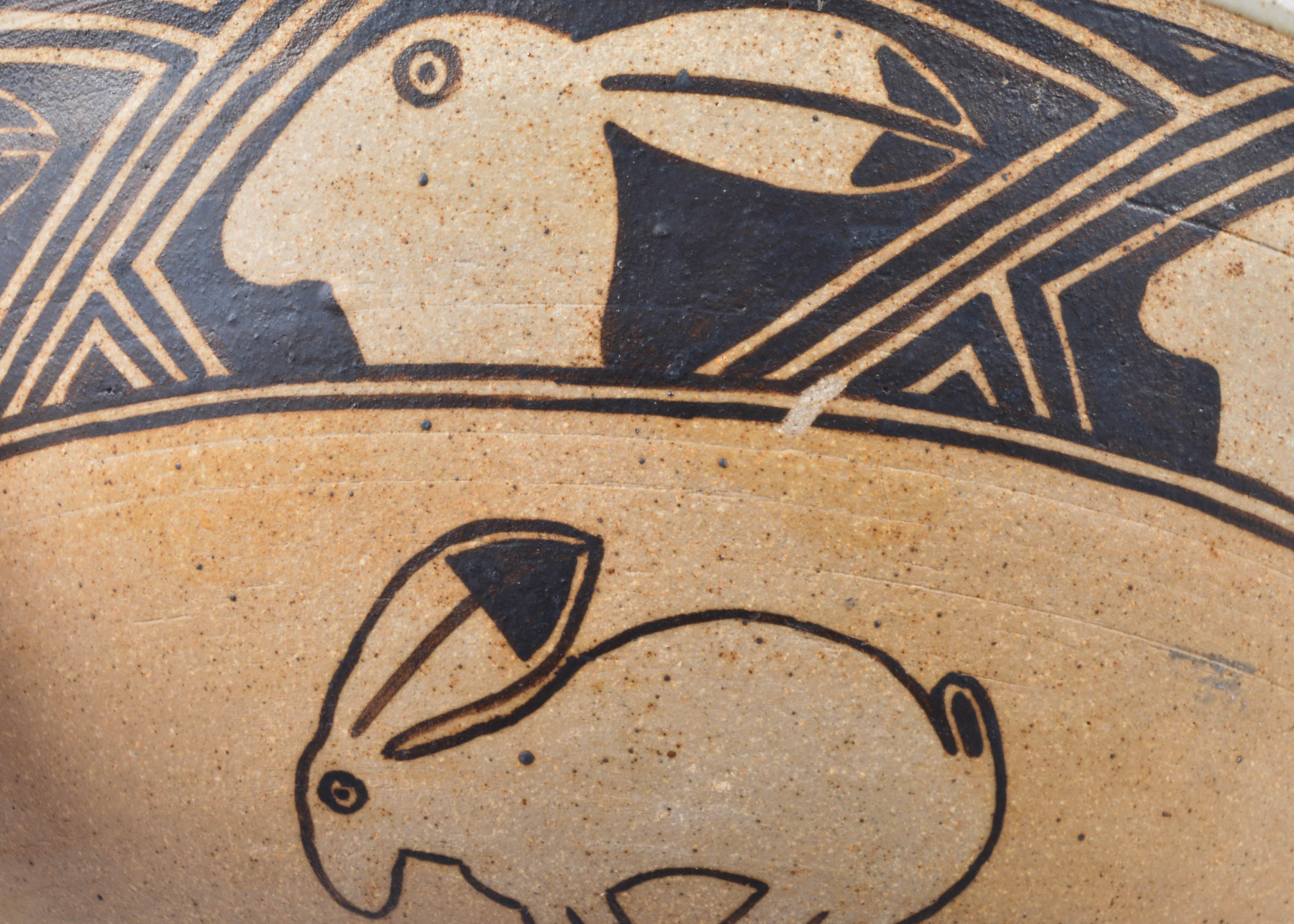 Signed Pueblo Stoneware Bowl with Rabbit Motif