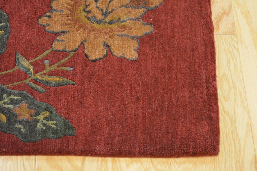 Tibetan Style Claret and Forest Floral Wool and Silk Rug
