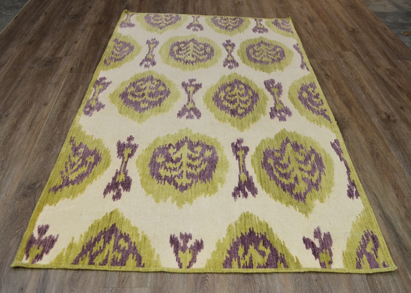 Ikat Design Flat Woven Lime and Plum Tufted Wool Area Rug