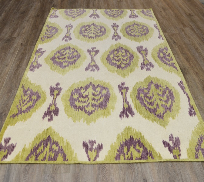 Ikat Design Flat Woven Lime and Plum Tufted Wool Area Rug