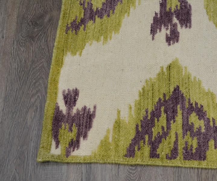 Ikat Design Flat Woven Lime and Plum Tufted Wool Area Rug