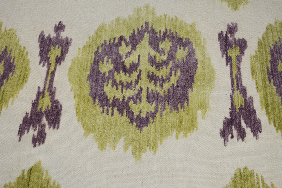 Ikat Design Flat Woven Lime and Plum Tufted Wool Area Rug