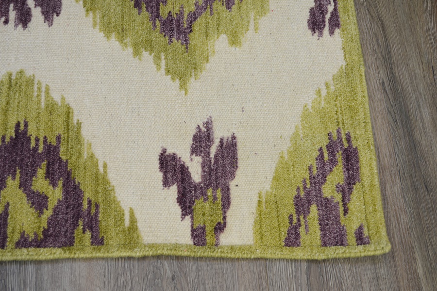 Ikat Design Flat Woven Lime and Plum Tufted Wool Area Rug