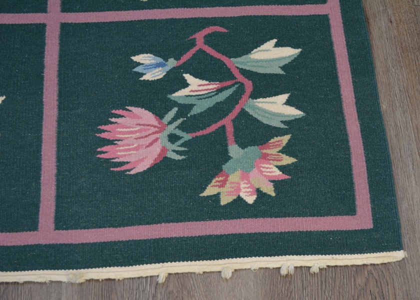 Kilim Style Flat Woven Eight Panel Botanical Wool Area Rug